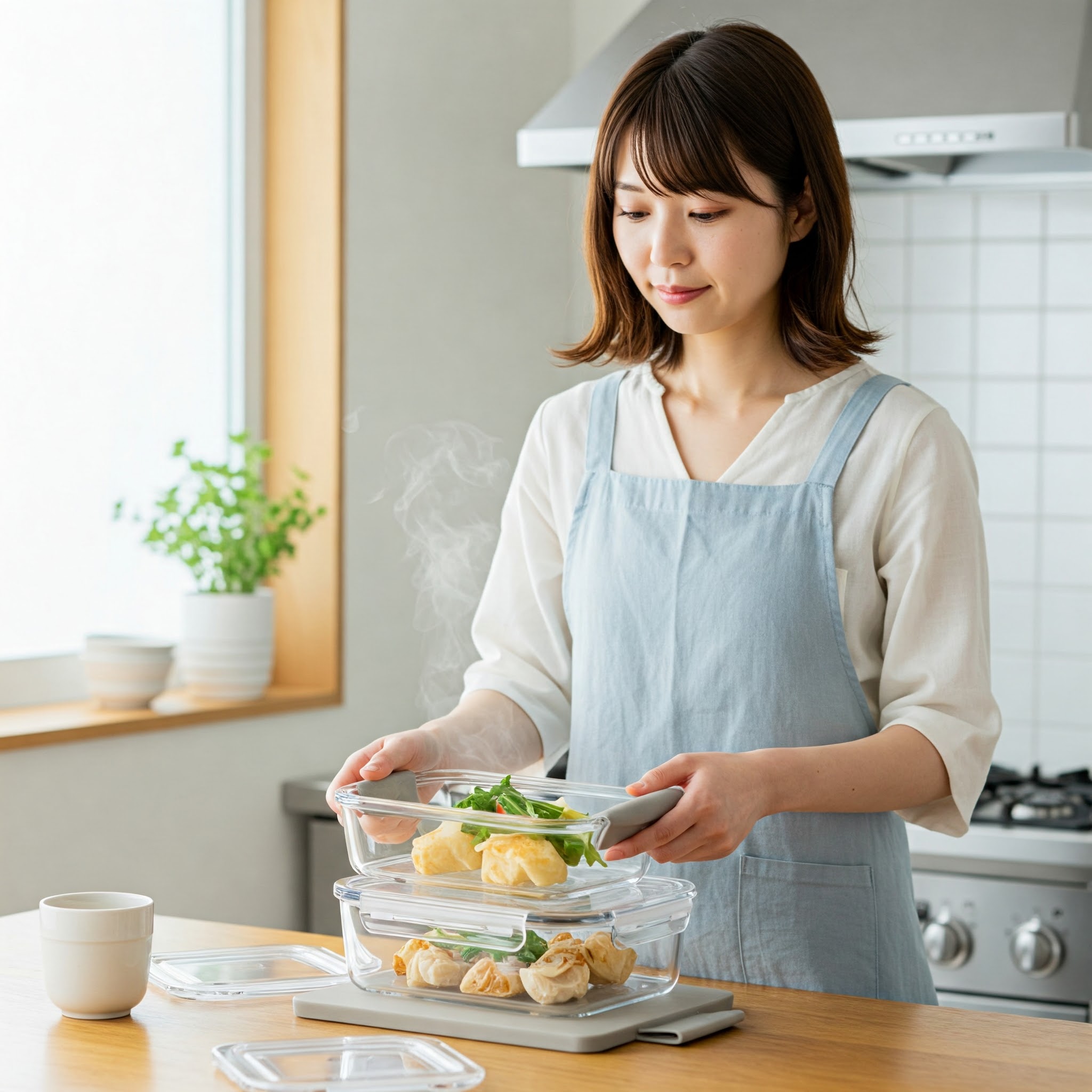保存容器を使う女性