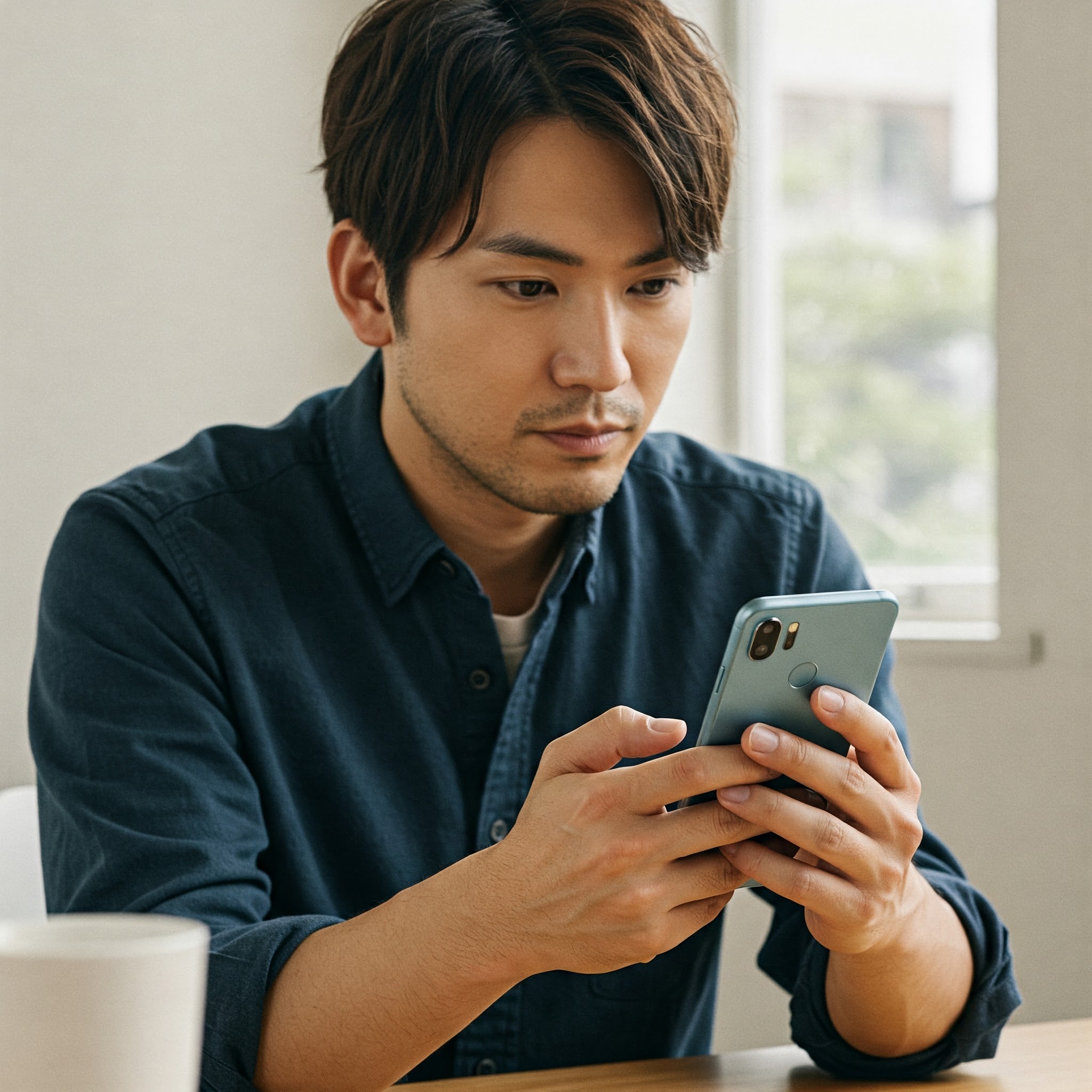 OPPO A79を見る男性
