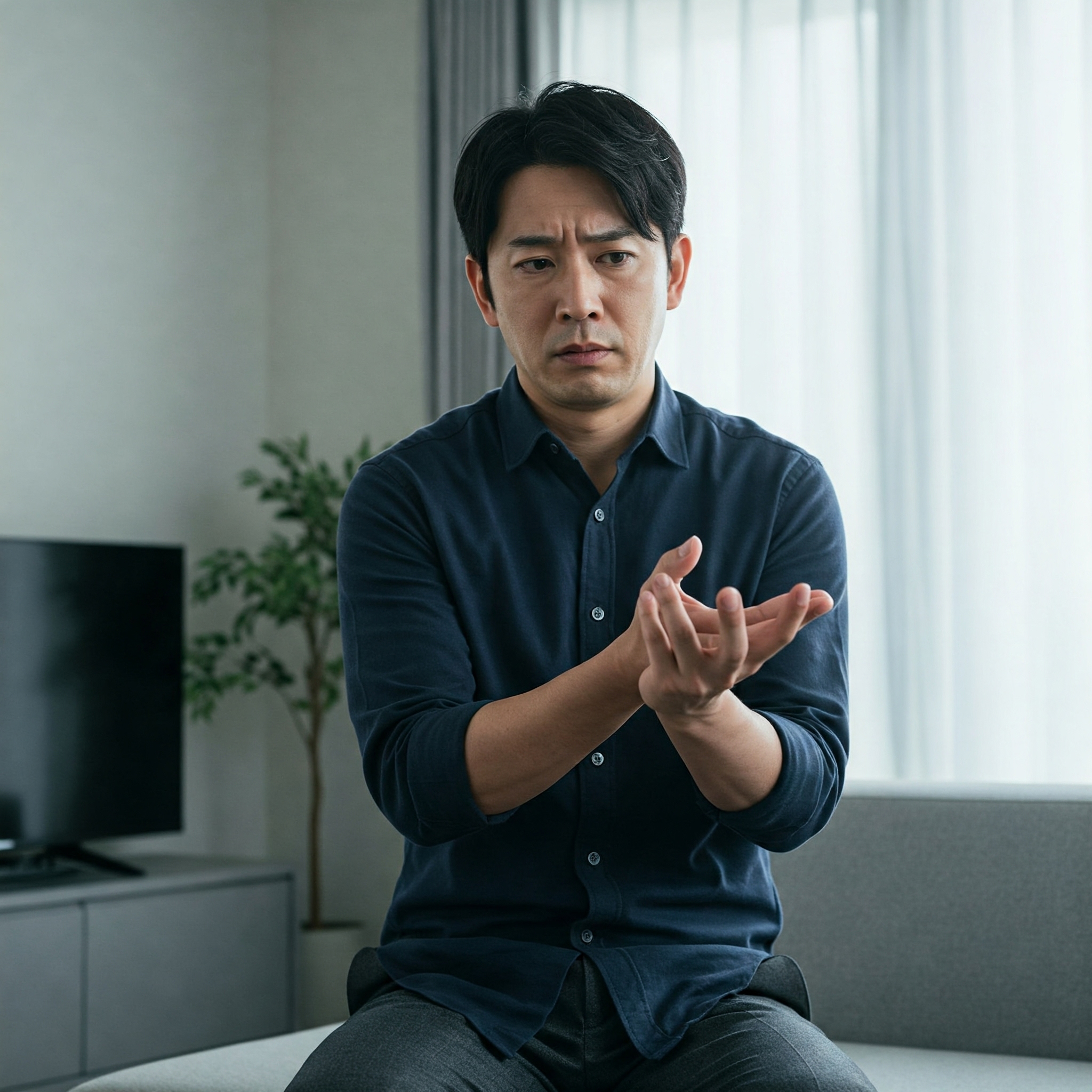痺れを我慢する男性