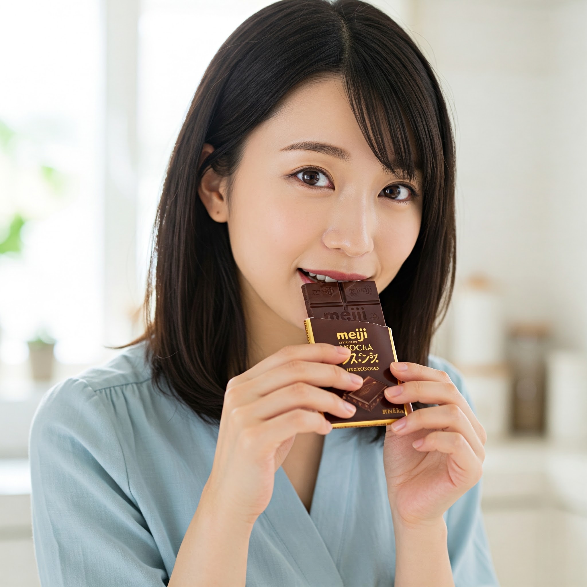 明治 チョコレート効果 カカオ72% 大袋を食べている女性