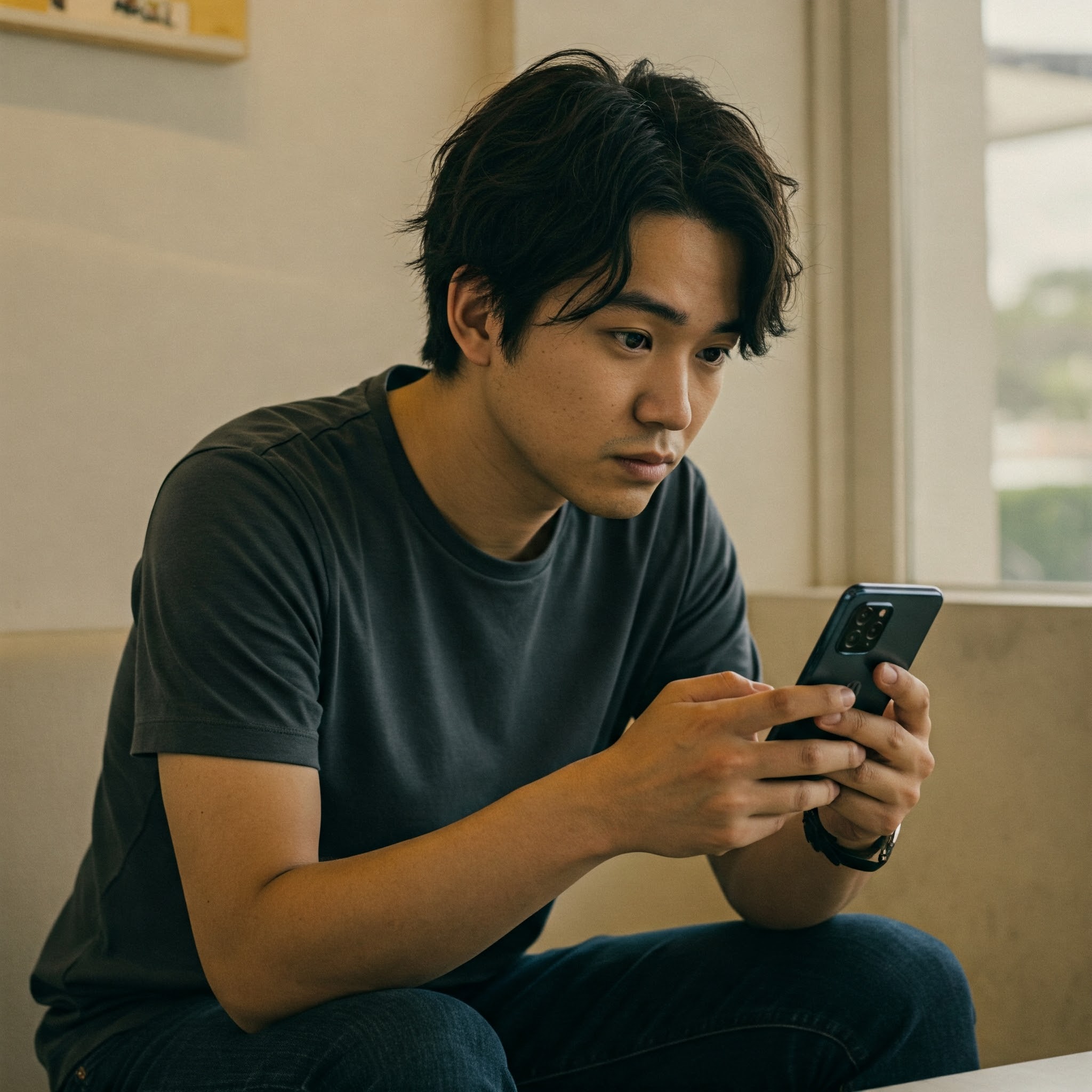 スマホ画面を見ている男性